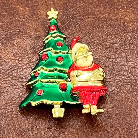 Vintage AJC Santa and Christmas Tree Enamel Pin Brooch Festive Holiday Gift 2" - Picture 1 of 8